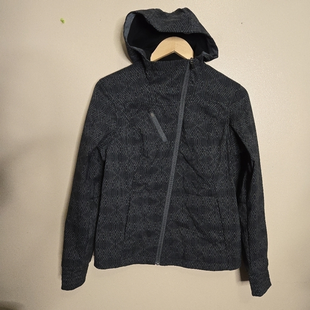 Columbia Soft Shell Diamond Print Black Asymmetric Zipper Hooded Jacket